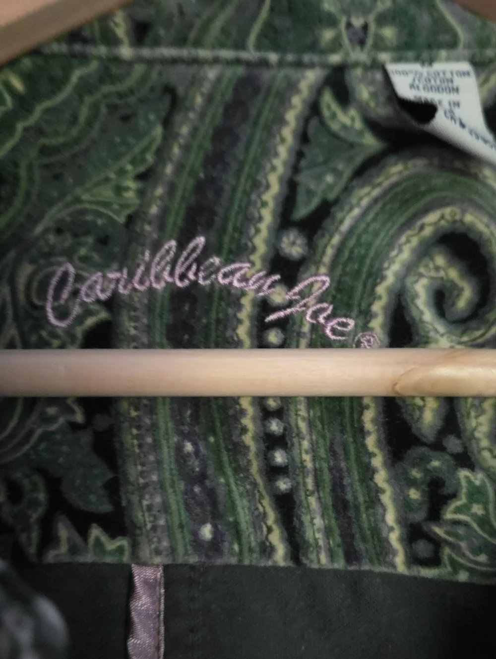 Caribbean Joe Green Paisley Shirt with Pink Script Logo